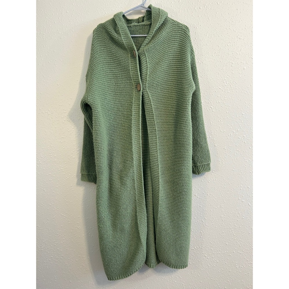 Green Chunky Knit Hooded‎ Duster Witchy boho Fairycore Womens Medium